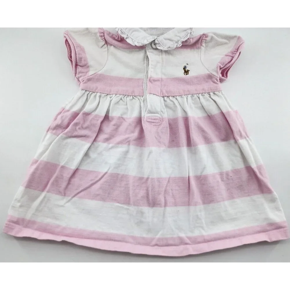 Ralph Lauren Baby Girl Short Sleeve Collared Polo Dress Pink/White Striped Sz 9M